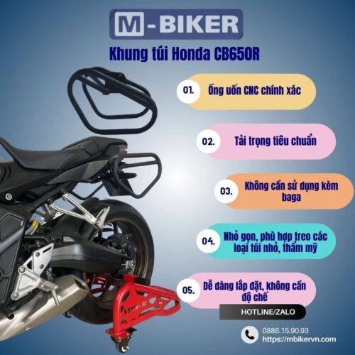 Khung túi CB650R/CBR650R tai bắt trực tiếp không cần baga, ống uốn CNC, sơn tĩnh điện màu đen