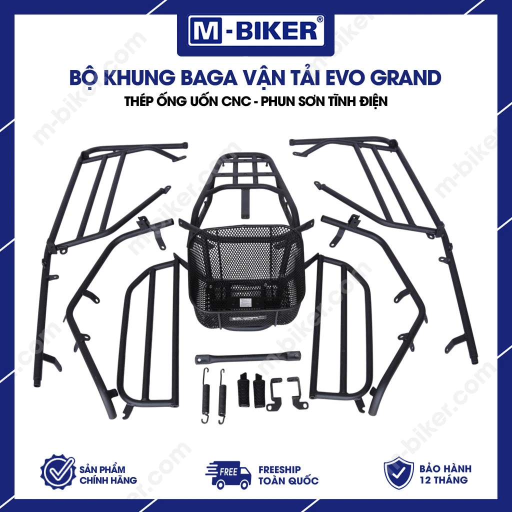 Các thành phần khung bảo vệ M-Biker gồm thanh ngang, thanh dọc và đế bắt bulong CNC cho Yamaha MT-03