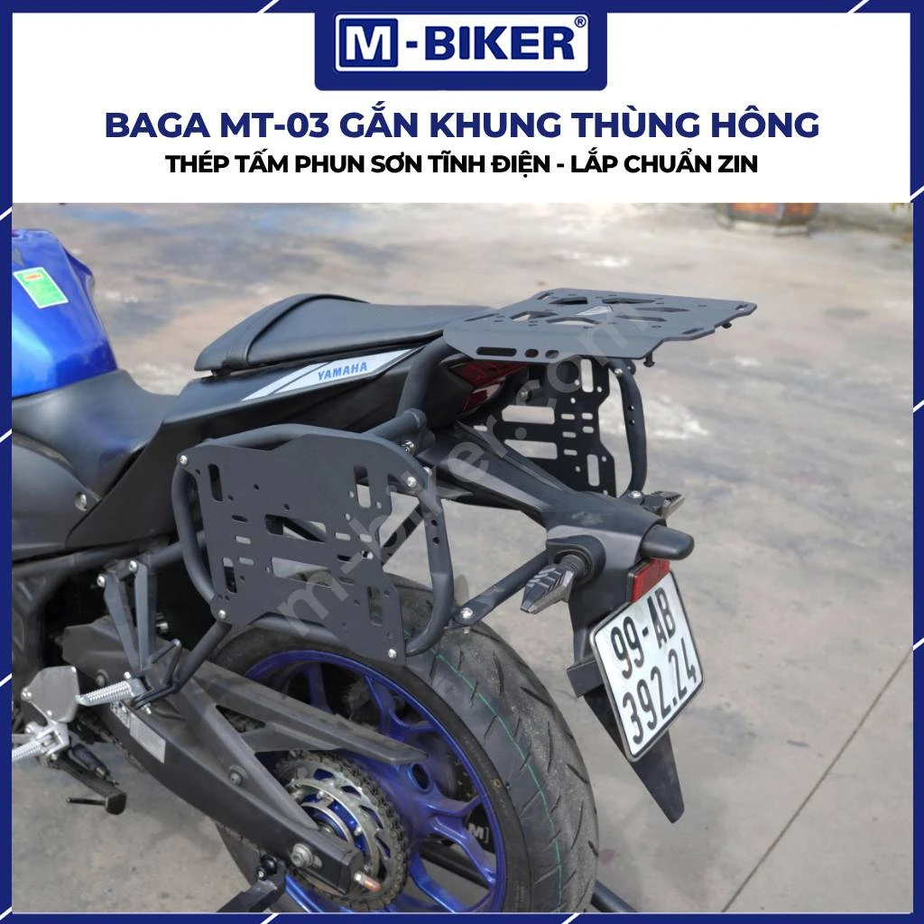 Xe Yamaha MT-03 được trang bị đồng bộ khung bảo vệ và bộ baga thùng hông hai bên tiện lợi
