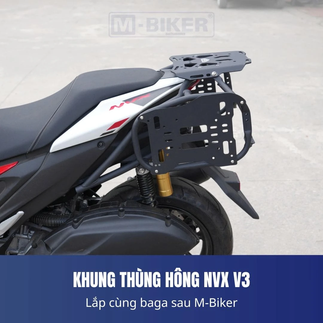 Baga NVX M-Biker biến thể có sẵn pát gắn thùng với thanh giằng chịu lực ngang bằng inox