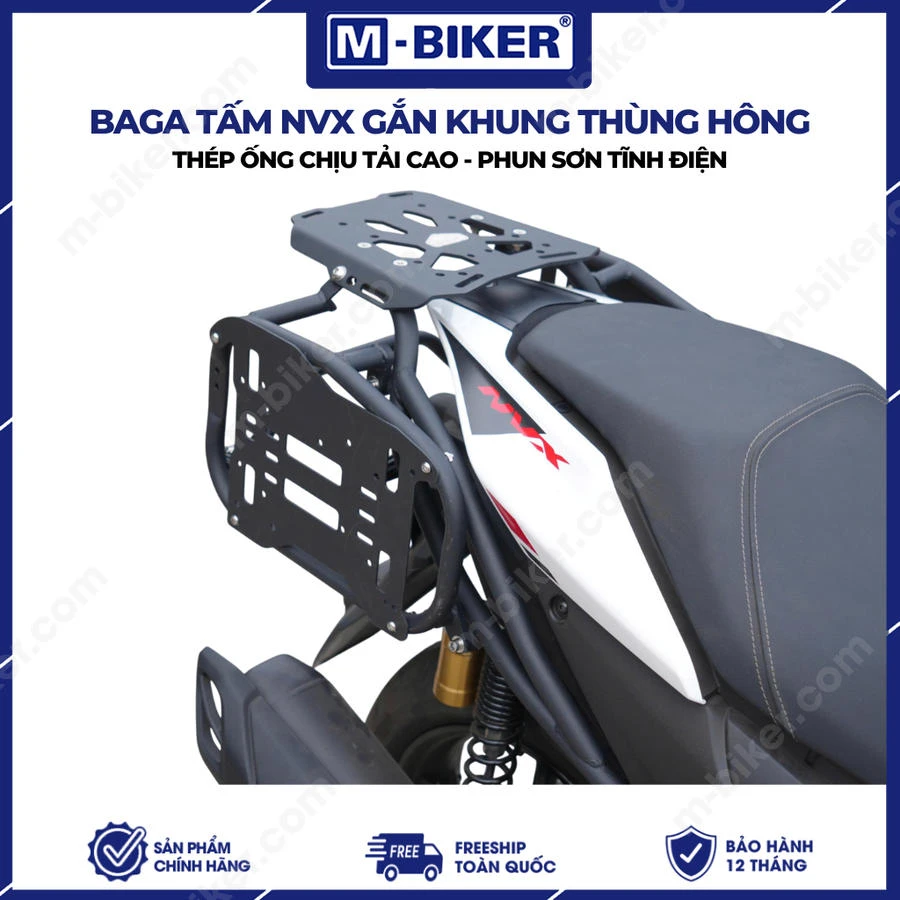 Baga sau gắn thùng NVX M-Biker: phân biệt V2/V3 và checklist an toàn 10 Baga sau inox M-Biker lắp hoàn chỉnh trên xe Yamaha NVX cùng thùng chở hàng phía sau