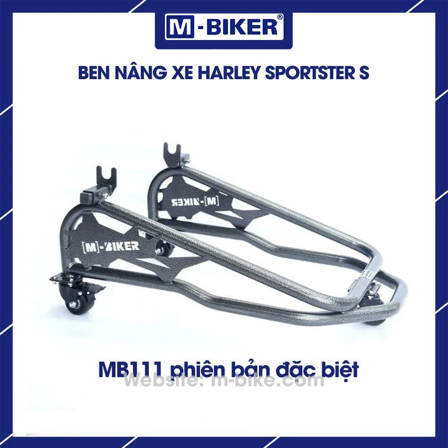 Ben nâng cân bằng xe Harley M-Biker: đối chiếu thông số kỹ thuật 6 Ben nâng cân bằng xe Harley M-Biker đang đỡ trọn khung gầm chiếc cruiser phân khối lớn trong xưởng sửa chữa chuyên nghiệp