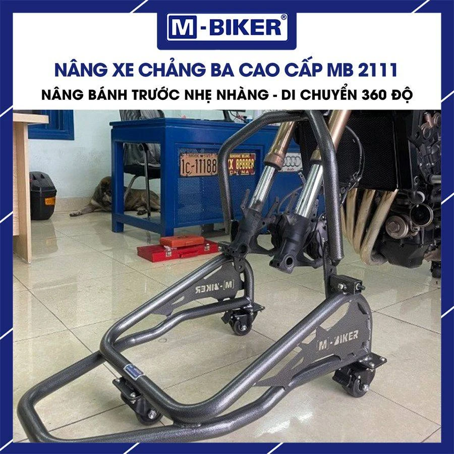 Ben nâng tháo bánh trước PKL M-Biker: chọn mã và thao tác 3 Khung ben nâng hình chữ Y ôm sát cổ phuộc xe mô tô tạo điểm tựa thứ ba chống lật ngang