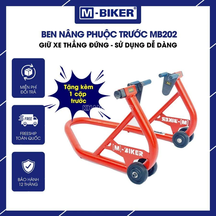 Ben nâng phuộc trước chữ U M-Biker: thông số kỹ thuật và quy trình kê an toàn 5 Ben nâng phuộc trước chữ U M-Biker bằng thép CNC đang đỡ chắc chắn ống ty phuộc xe máy trên sàn bê tông xưởng