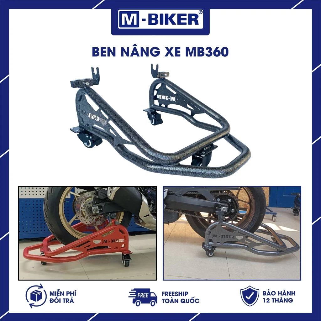 Ben nâng sơn tĩnh điện chống rỉ M-Biker: bảng tải trọng và giá 3 Ben nâng sơn tĩnh điện chống rỉ M-Biker đang đỡ dọc lườn xe máy phân khối lớn trong gara gia đình