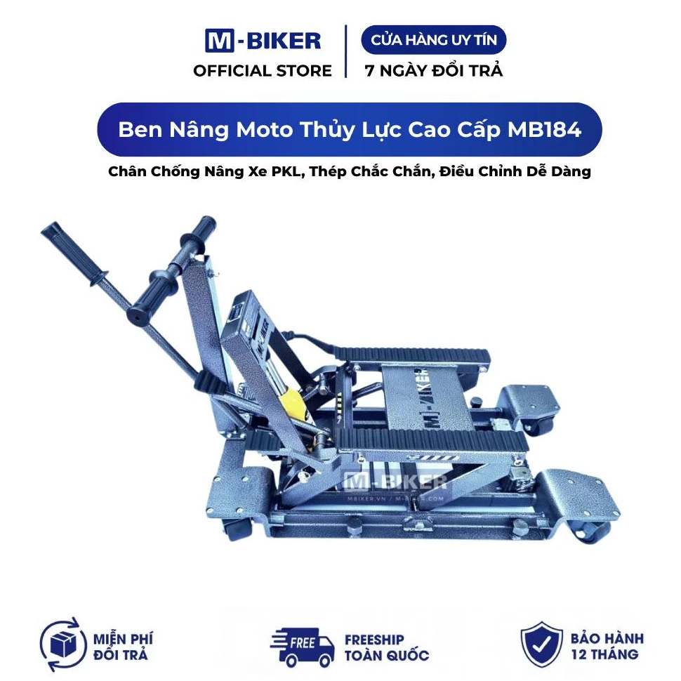 Bàn nâng thủy lực M-Biker cho Harley touring: khung đối chiếu 8 Chân người vận hành đang đạp nhịp nhàng lên bàn đạp bơm chân thủy lực của bàn nâng xe mô tô phân khối lớn