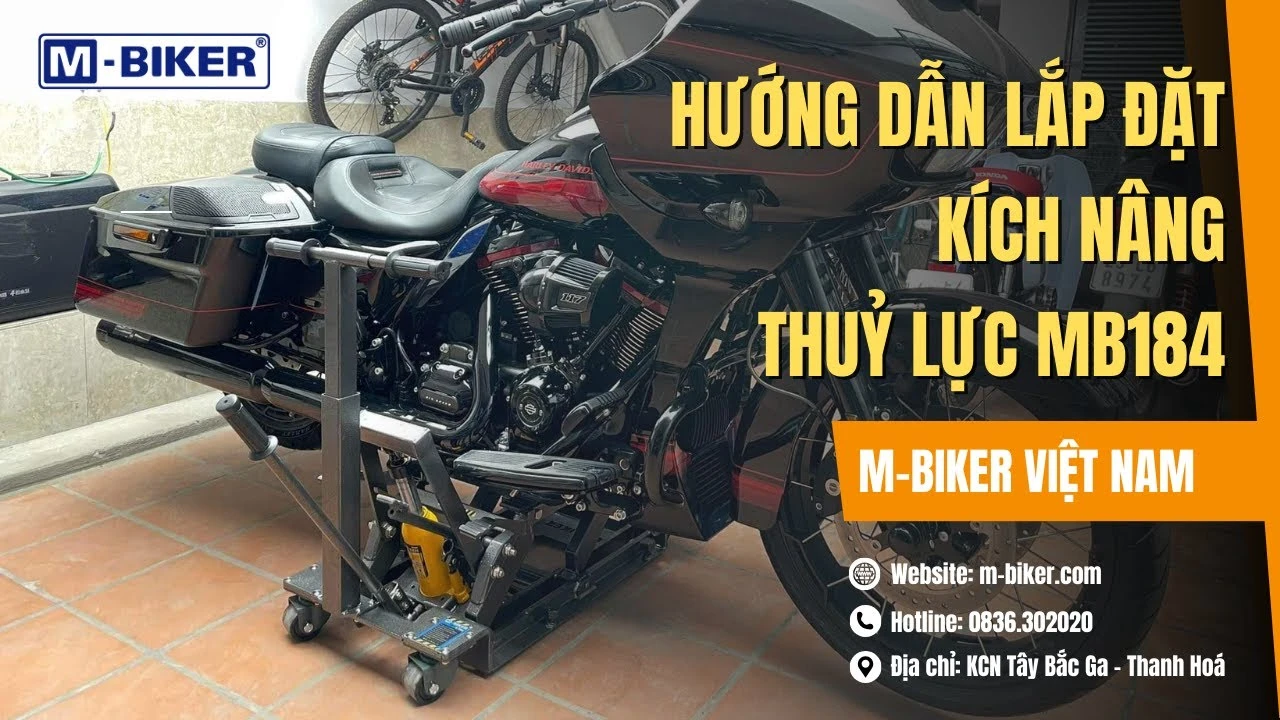 Vị trí đặt kích nâng gầm MB184 chính xác tại giao điểm khung sườn chính và khu vực dưới lốc máy xe mô tô Cruiser