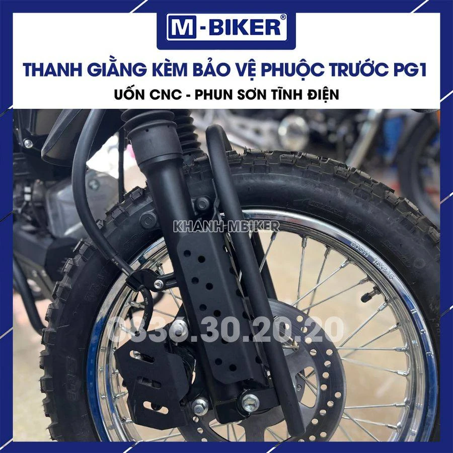 Ben nâng tháo bánh trước PKL M-Biker: chọn mã và thao tác 11 Giá đỡ phuộc chuyên dụng đặt dưới chảng ba để gánh trọng lượng đầu xe sau khi rút trục bánh trước
