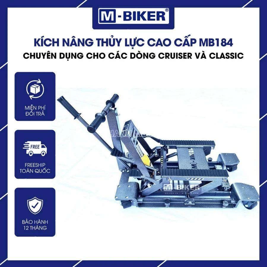 Kích nâng gầm PKL M-Biker: ma trận chọn mã và thao tác an toàn 1 Kích nâng gầm pkl m-biker bằng thép carbon đang nâng vững chắc một chiếc mô tô phân khối lớn trong gara tại nhà