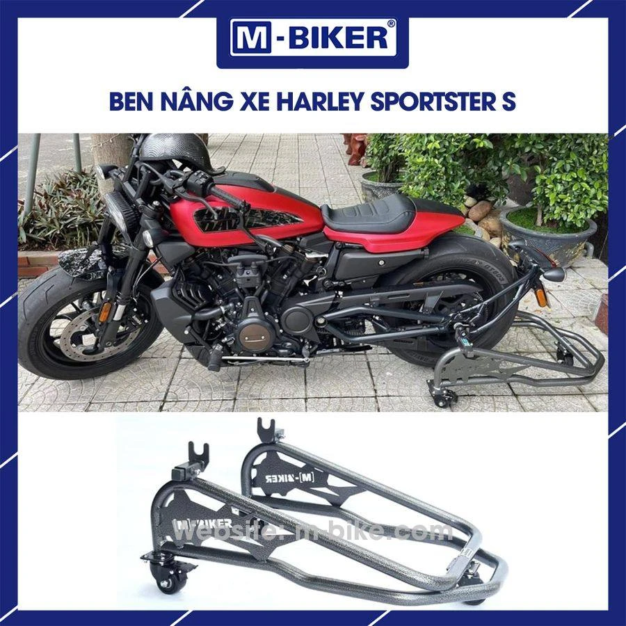 Ben nâng cân bằng xe Harley M-Biker: đối chiếu thông số kỹ thuật 4 Chiếc xe mô tô touring phân khối lớn được nâng bổng an toàn trên mặt bàn đỡ trải dài tại xưởng dịch vụ