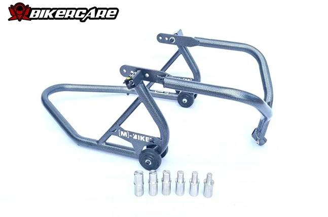 Ben nâng bảo dưỡng heo dầu trước M-Biker: quy tắc kê xe an toàn 2 Ngàm kẹp chữ V của ben nâng ôm sát phần vỏ thép dày dưới cùng của ống phuộc trước xe máy
