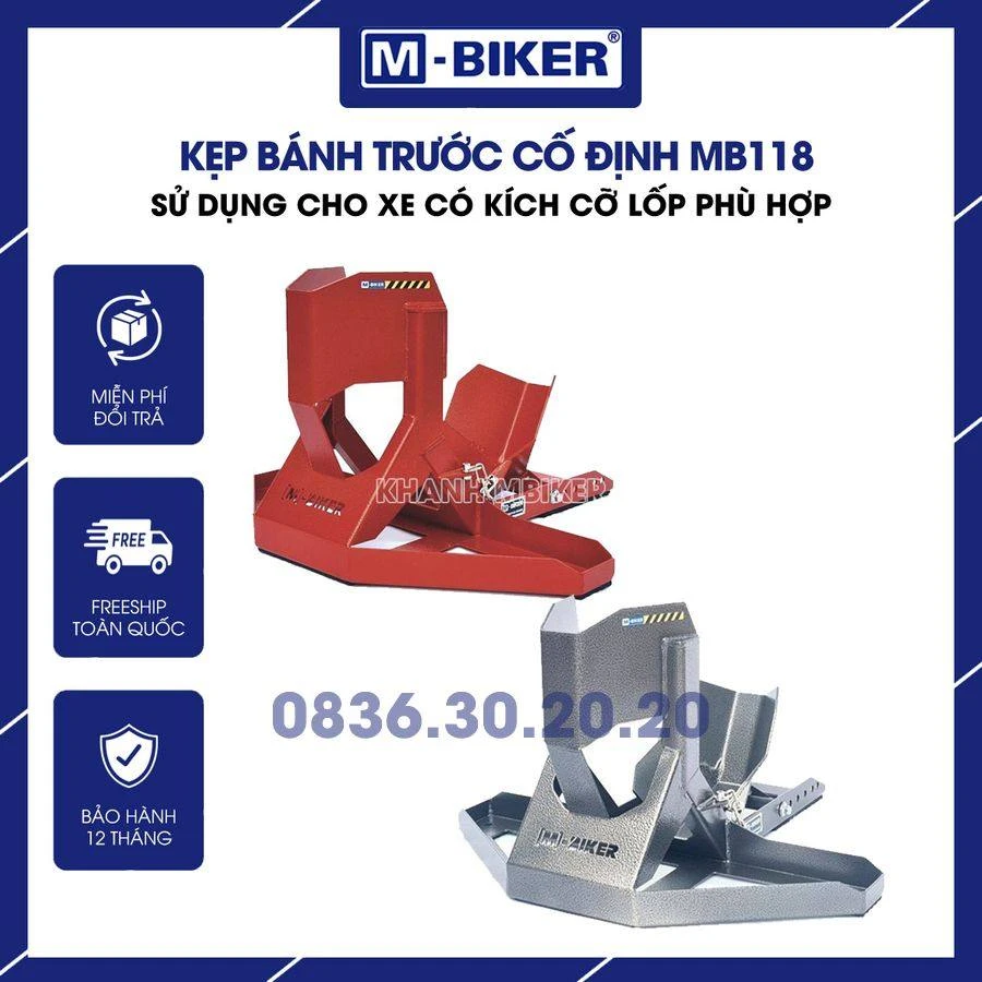 Pat kẹp bánh trước âm sàn M-Biker: bảng tra cứu tương thích 1 Pat kẹp bánh trước âm sàn M-Biker bằng thép CNC giữ vững bánh xe máy trong gara bê tông sạch sẽ