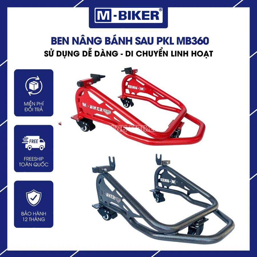 Ben nâng M-Biker nâng từ ốc tán gắp: chọn pad và lắp đặt 5 Các bộ phận rời của ben nâng xe máy gồm thanh thép ống đen nhám, bánh xe PU và cặp bát chữ U xếp trên sàn