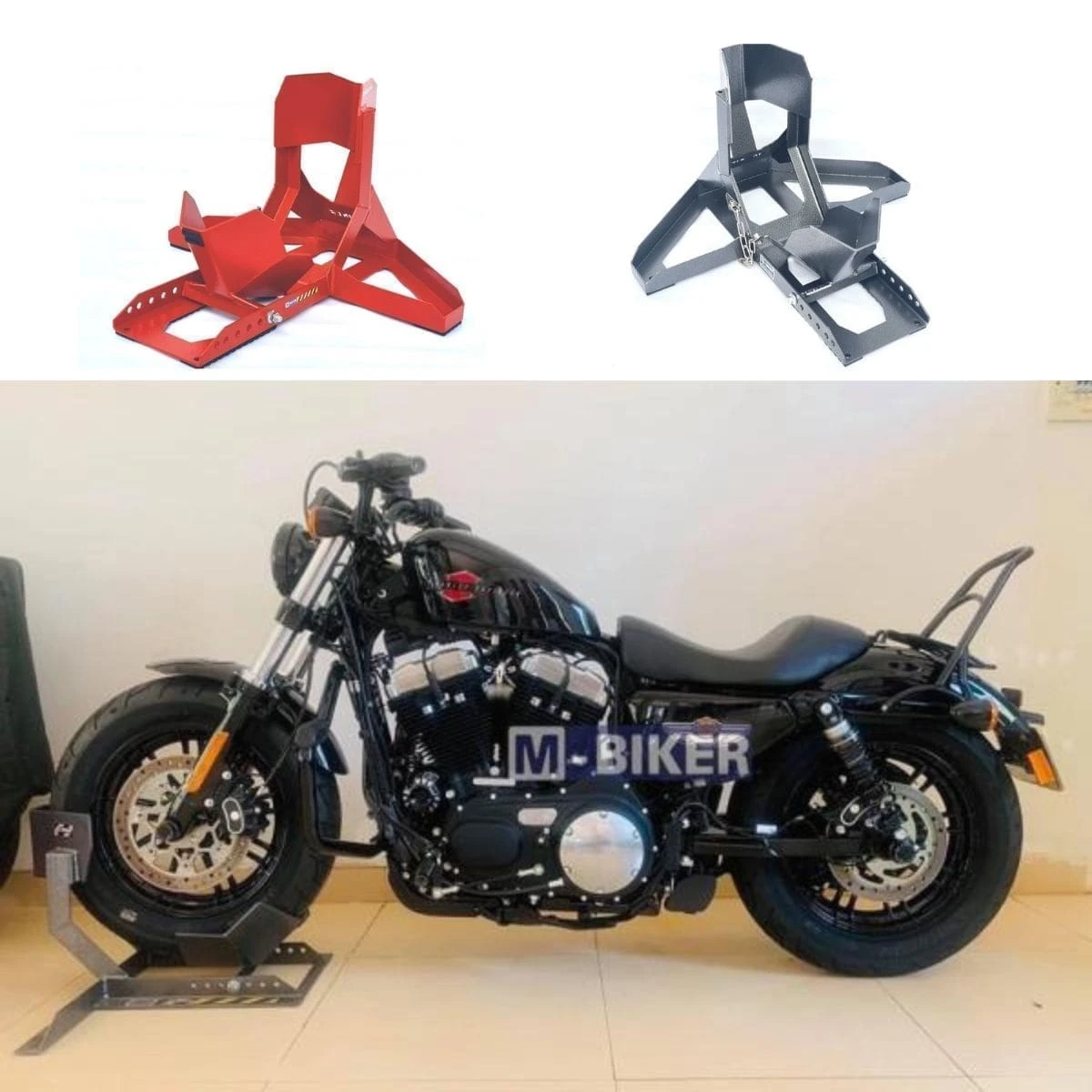 Bàn nâng thủy lực M-Biker cho Harley touring: khung đối chiếu 4 Tấm ramp dẫn hướng bằng nhôm có rãnh chống trượt đặt nối tiếp vào mép bệ nâng thủy lực trong garage xe máy