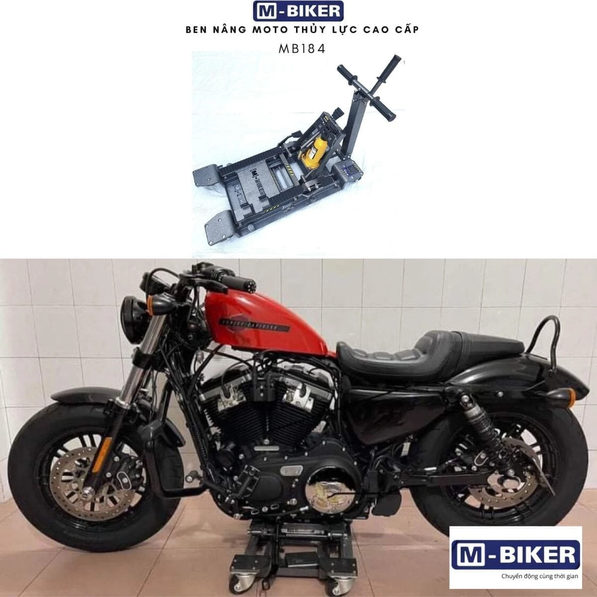 Ben nâng cân bằng xe Harley M-Biker: đối chiếu thông số kỹ thuật 8 Thao tác đẩy ben nâng thủy lực dọc theo trục dọc trung tâm để luồn vào gầm xe trên sàn bê tông phẳng